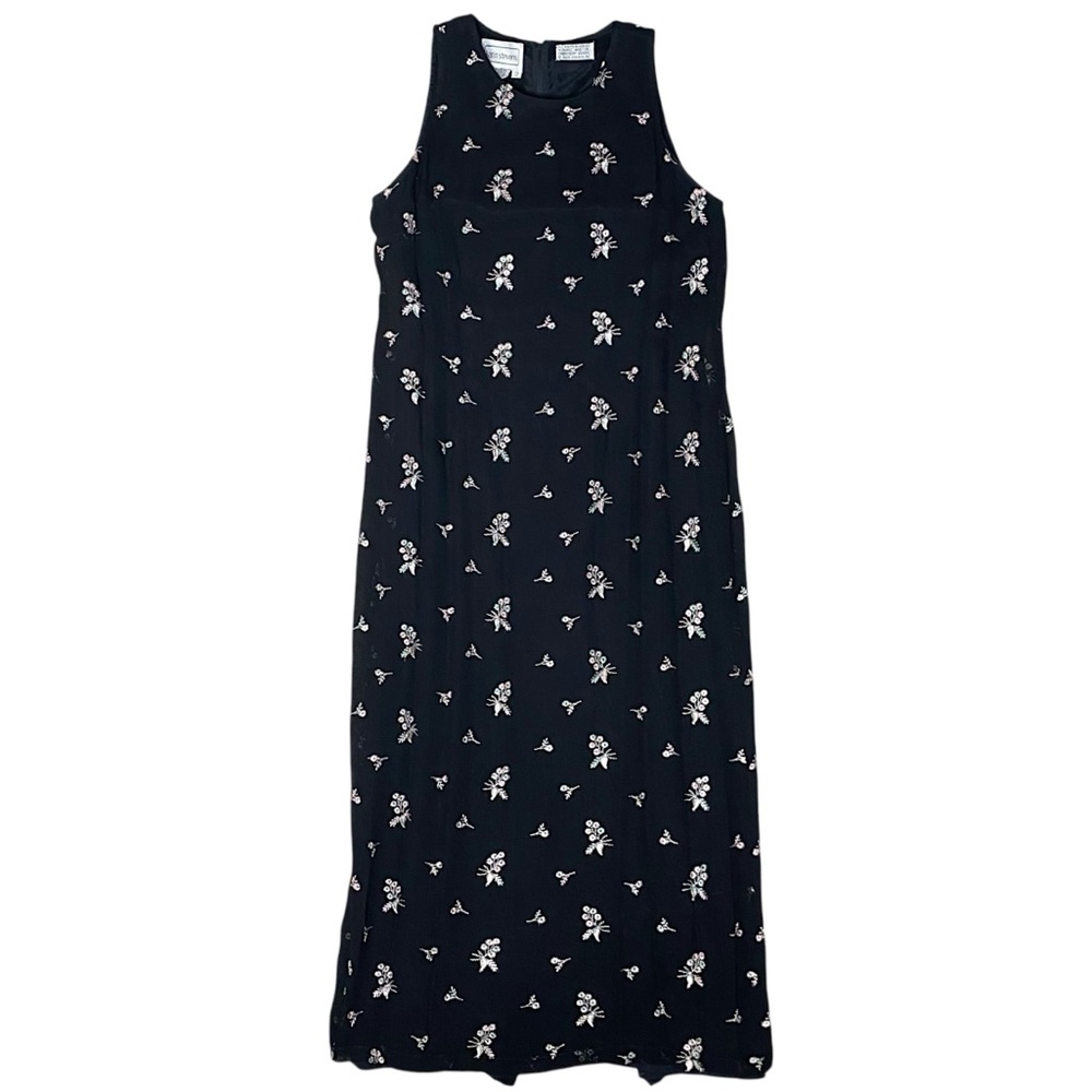 Vtg 90s Floral Embroidered Maxi Dress Womens Black Sleeveless Karin Steven’s 12